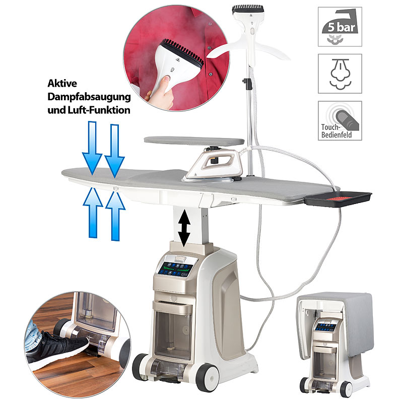 Aktiv-Bügeltisch mit Dampfbügelstation und Dampfbürste, 2.200 Watt
