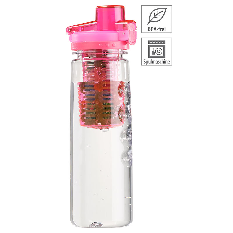 Tritan-Trinkflasche mit Fruchtbehälter, BPA-frei, 800 ml, pink