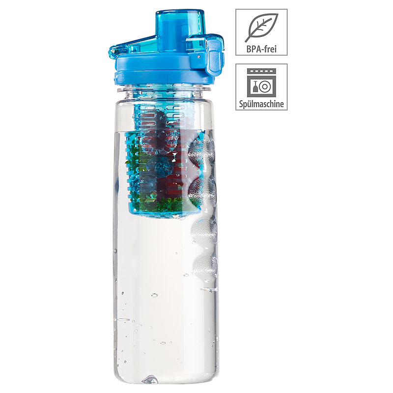 Tritan-Trinkflasche mit Fruchtbehälter, BPA-frei, 800 ml, blau