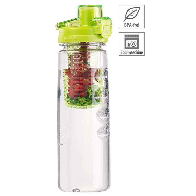 Tritan-Trinkflasche mit Fruchtbehälter, BPA-frei, 800 ml, grün