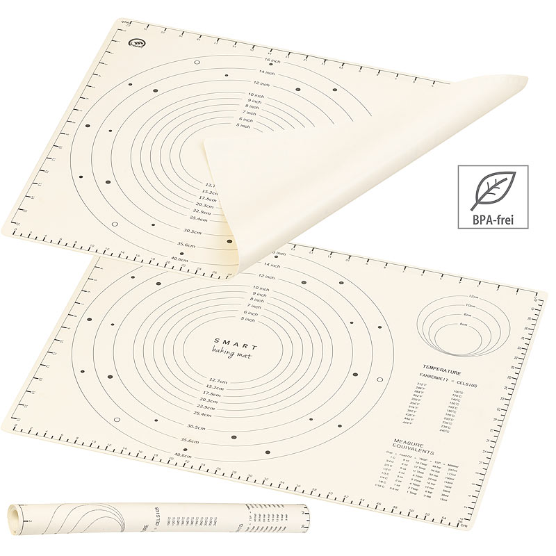2er-Set XXL-Silikon-Teigmatten mit Skalen & Schablonen, BPA-frei
