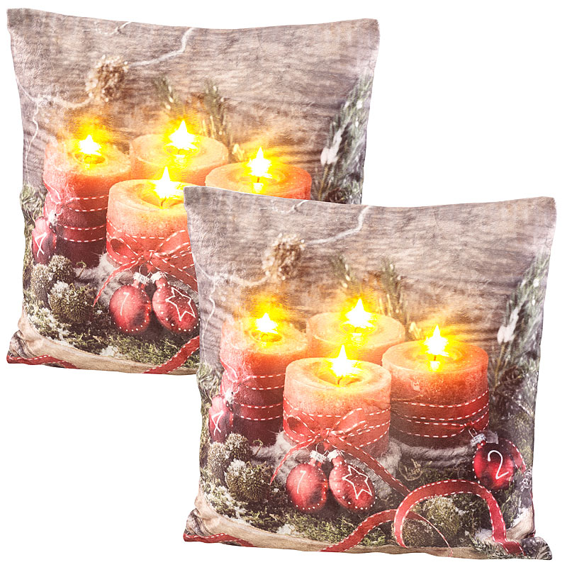 2er-Set Deko-Kissen mit Adventskranz-Motiv, 4 LEDs, 45 x 45 cm