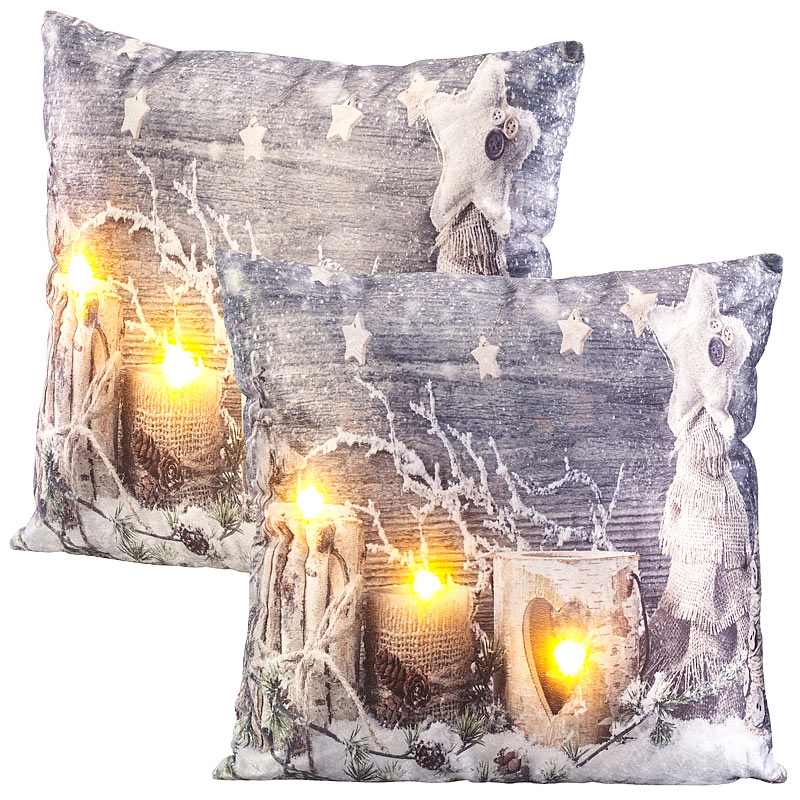 2er-Set Deko-Kissen mit Wintermotiv, 3 LEDs, Batteriebetrieb, 45x45 cm