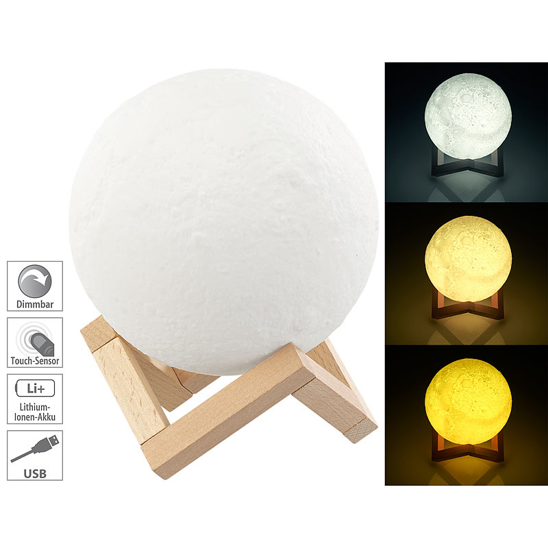 Deko-Mond-Leuchte mit LED, Touchbedienung, Akku, 3 Farben, Ø 15 cm