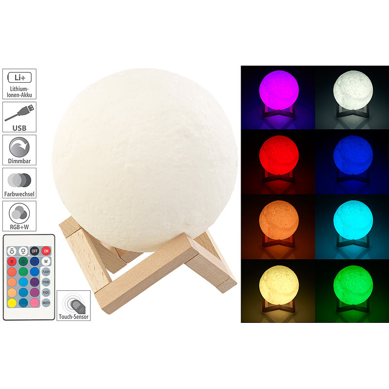 Deko-Mond-Leuchte mit LED, Touch-/Fernbedienung, Akku, 16 Farben,Ø15cm