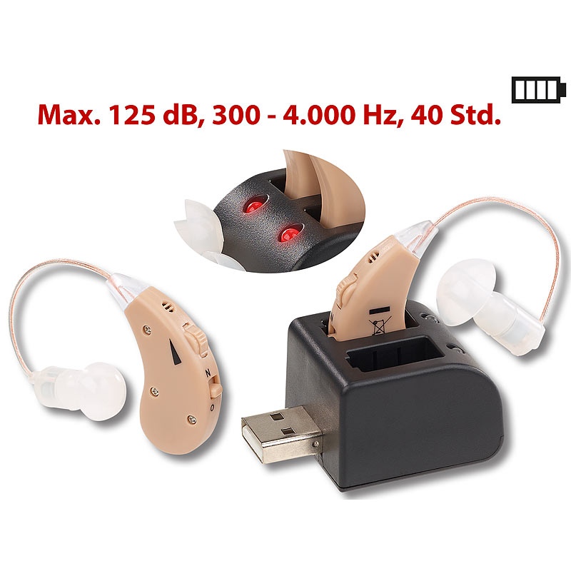 HdO-Hörverstärker-Paar HV-340 mit Ex-Hörer, Akku & USB-Ladeschale