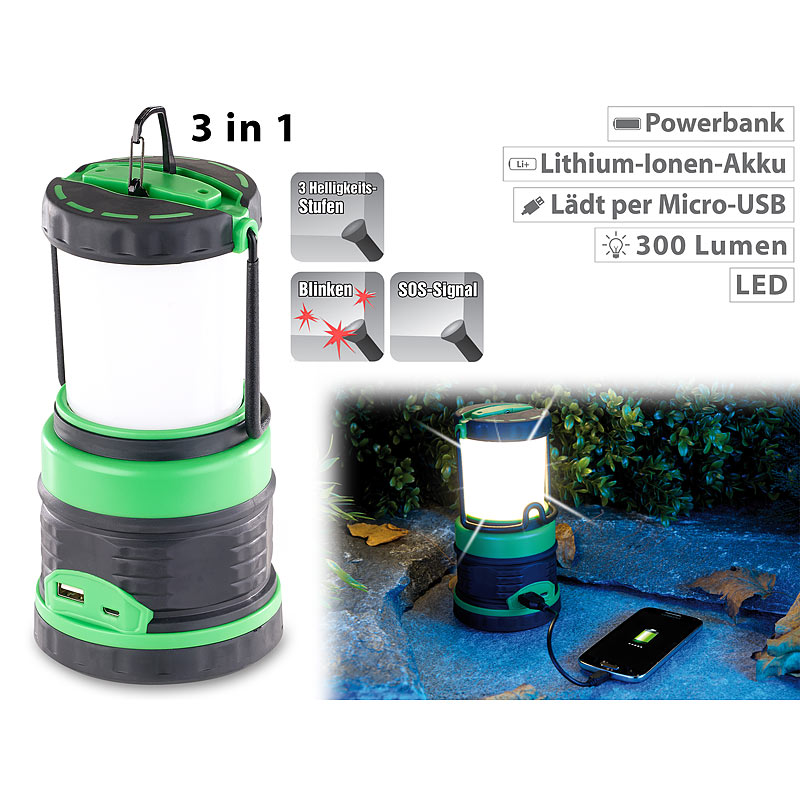 3in1-LED-Akku-Campinglaterne mit Deckenlicht und Powerbank, 3.600 mAh