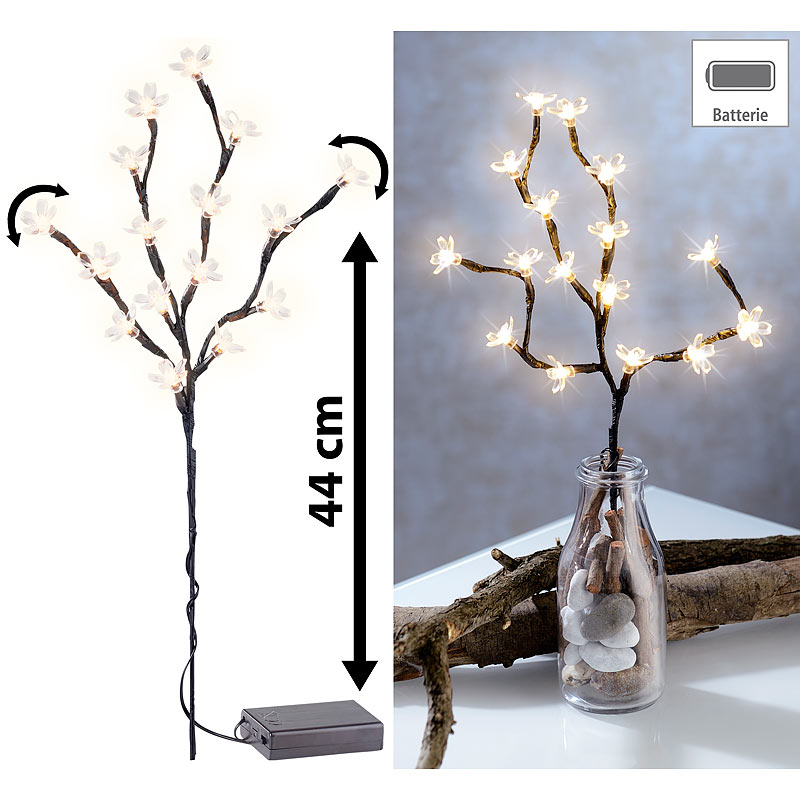 LED-Lichterzweig mit 16 leuchtenden Blüten, 44 cm, batteriebetrieben