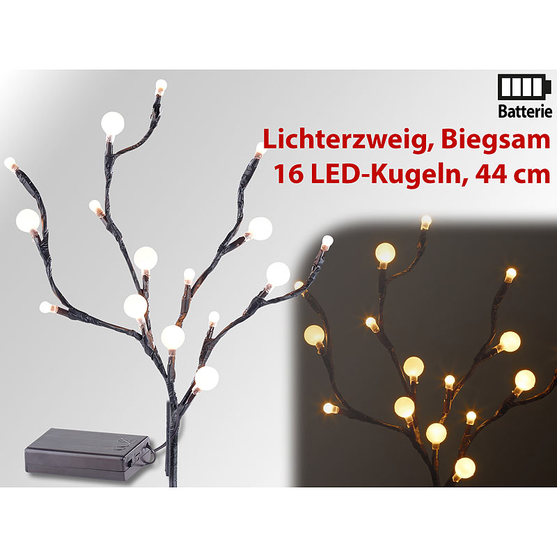 LED-Lichterzweig mit 16 leuchtenden Kugeln, 44 cm, batteriebetrieben