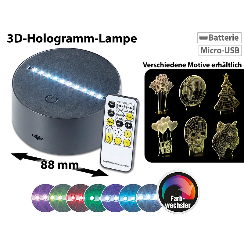 3D-Hologramm-Lampe für austauschbare 3D-Leuchtmotive, 7-farbig, USB