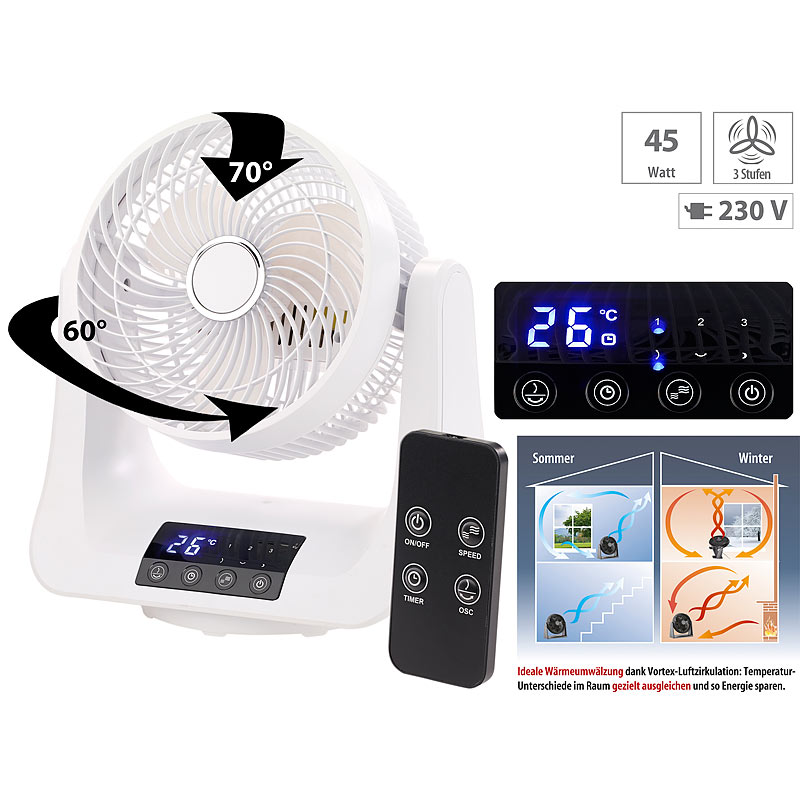 Digitaler 3D-Robo-Raumventilator & Luftzirkulator, 45 Watt, Ø 21 cm