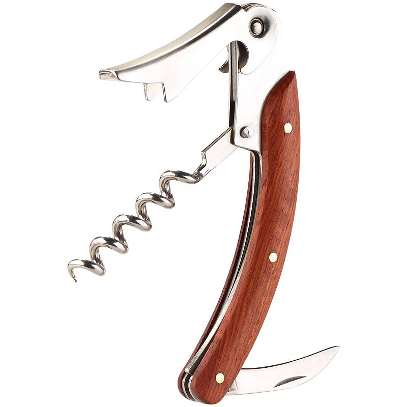 3in1-Sommelier-Messer mit Korkenzieher, Flaschenöffner und Holz-Griff