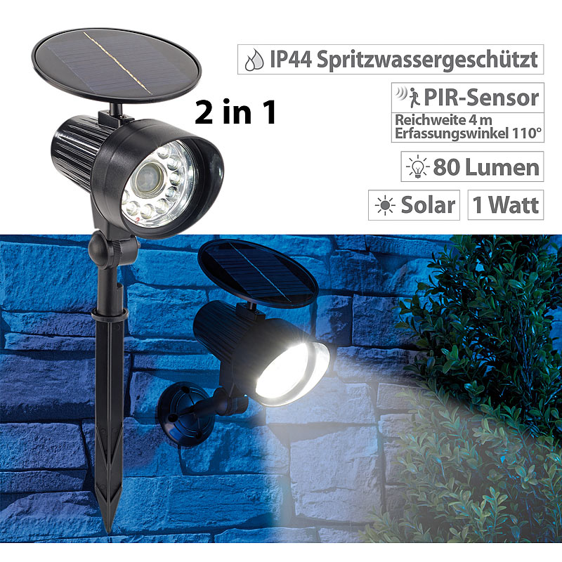 2in1-Solar-LED-Wand- und Wegeleuchte mit Licht-Sensor und PIR-Sensor,