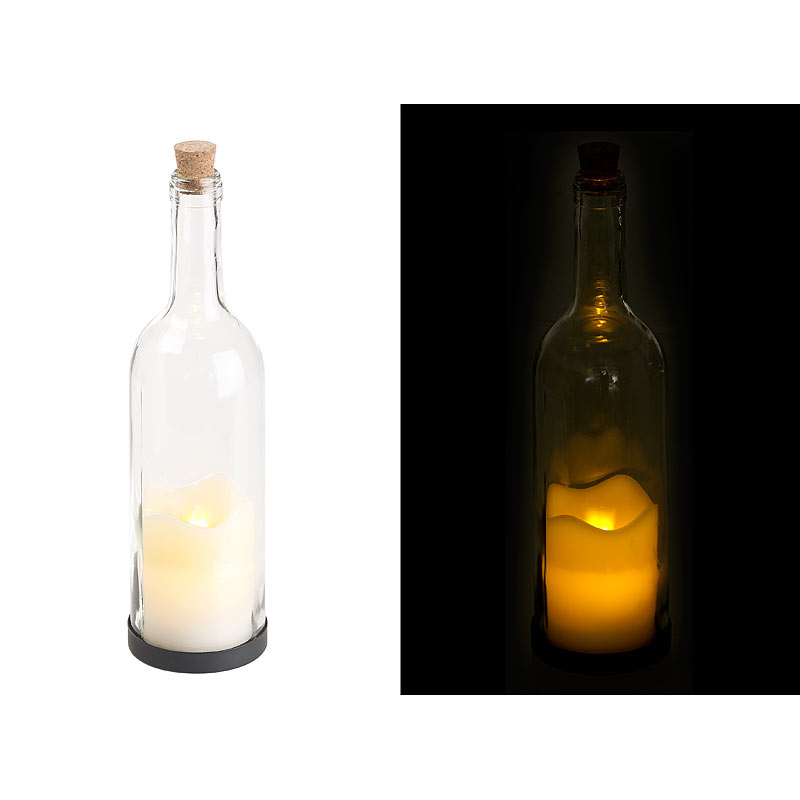 Deko-Glasflasche mit LED-Kerze und beweglicher Flamme, Timer