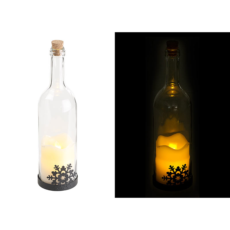 Deko-Glasflasche mit LED-Kerze, bewegliche Flamme, Schneeflocken-Motiv
