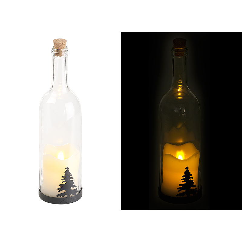 Deko-Glasflasche mit LED-Kerze, bewegliche Flamme, Timer, Tannen-Motiv