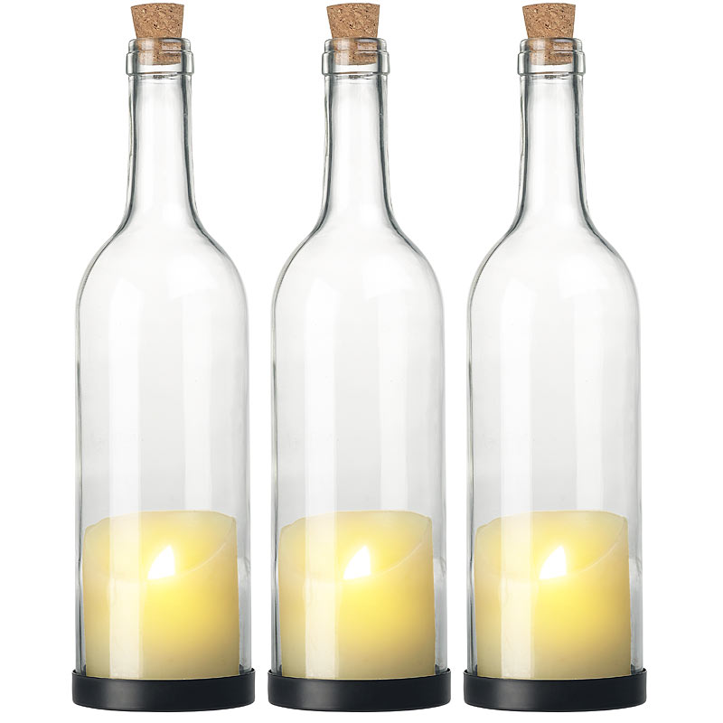 3er-Set Deko-Glasflasche mit LED-Kerze und beweglicher Flamme, Timer