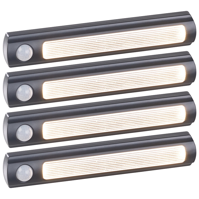 4er-Set Batterie-LED-Schrankleuchten, PIR- & Lichtsensor, 0,6W, 3000 K