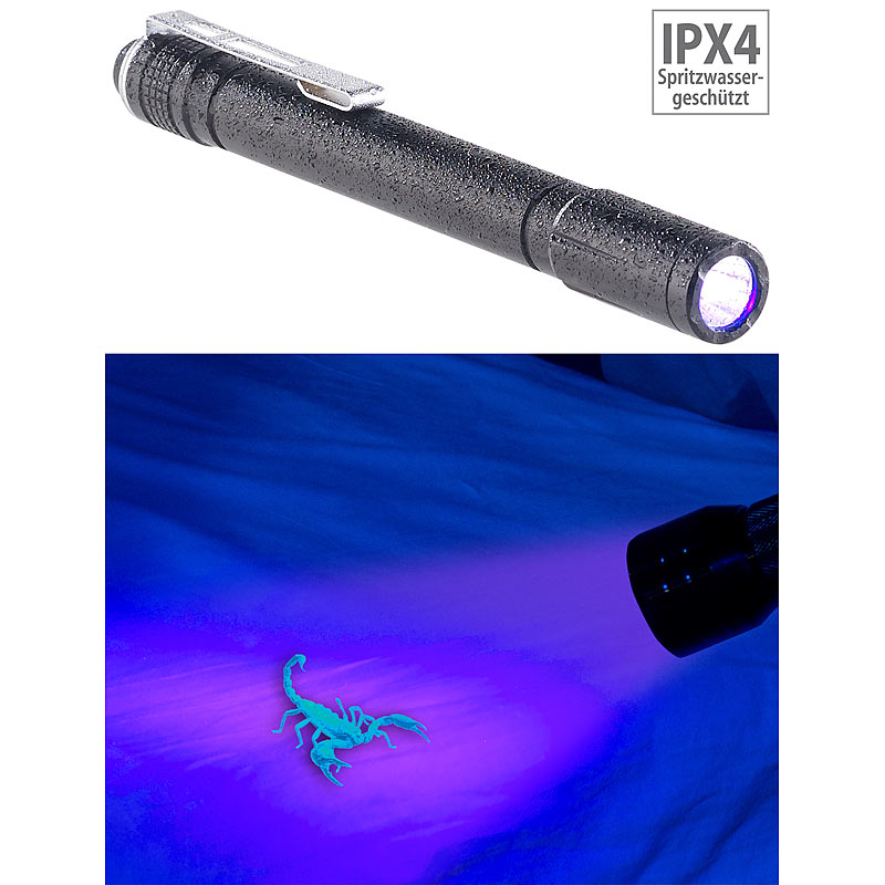 Profi-Pen-Light mit UV-LED-Taschenlampe, 395 nm, Aluminium, IPX4