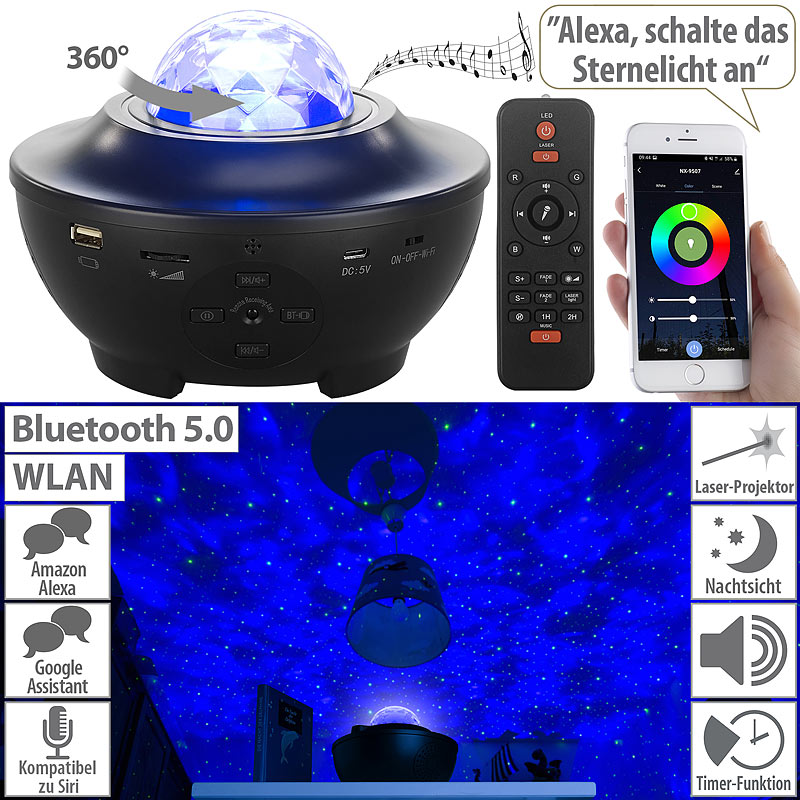Laser-Sternenlicht-Projektor mit Lautsprecher, Bluetooth, WLAN & App