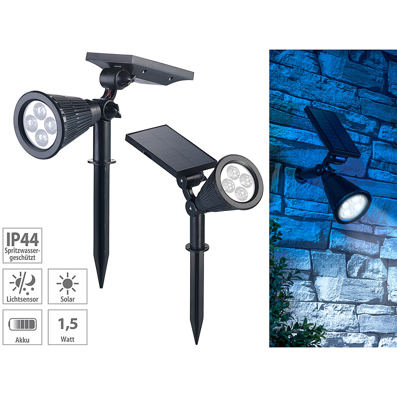 2er-Set Solar-LED-Garten-Spots mit Erdspieß, 200 Lumen, 1,5 Watt, IP44