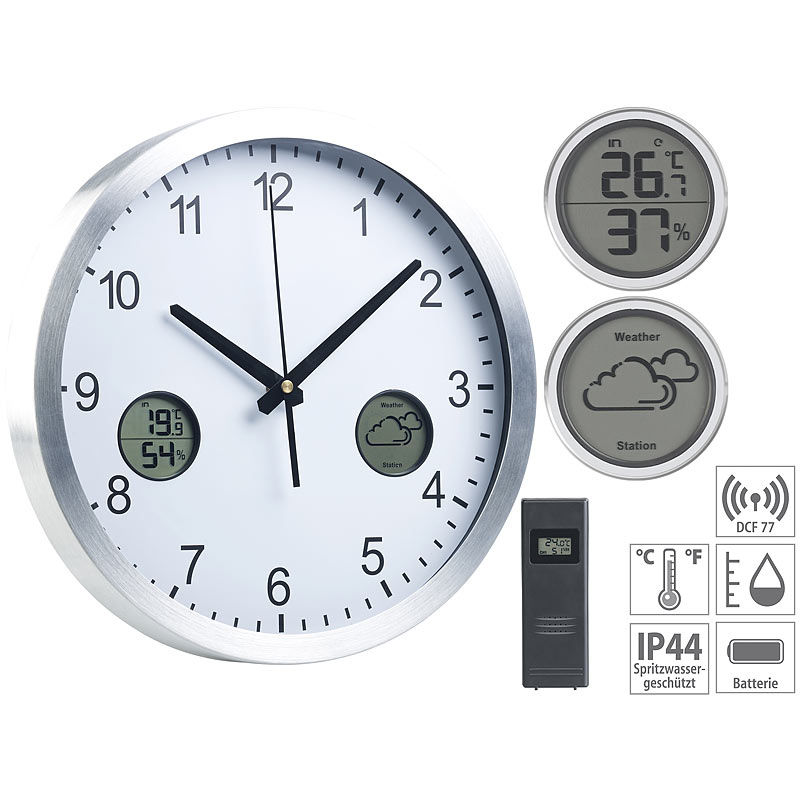 Funk-Wanduhr mit digitaler Wetterstation und Funk-Außensensor, DCF77