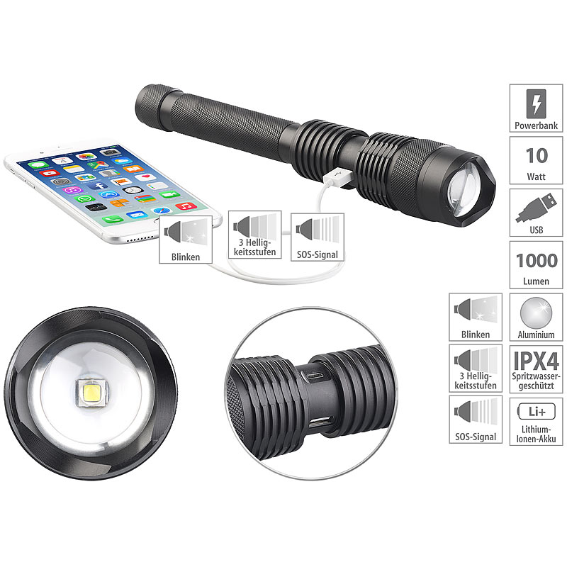 2in1-LED-Taschenlampe und Powerbank, 3.600 mAh, 1.000 Lumen, 10 Watt