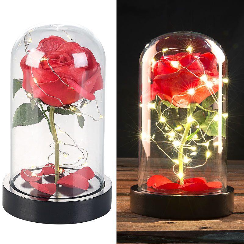 Edle Kunst-Rose mit LED-Beleuchtung in Echtglas-Kuppel, rot