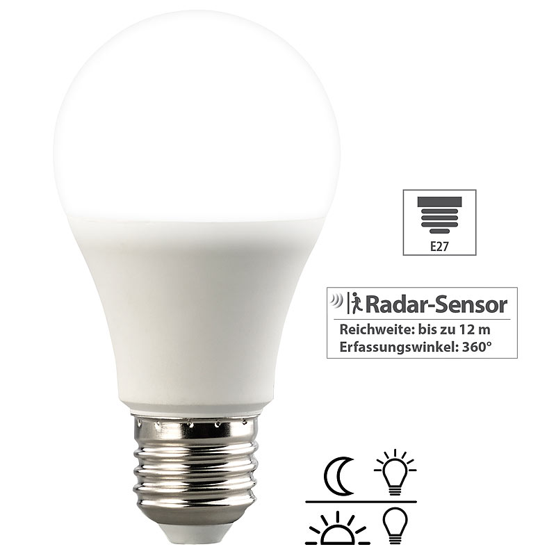 LED-Lampe mit Lichtautomatik & Radar-Sensor, 10 W, 806 lm, E27, weiß