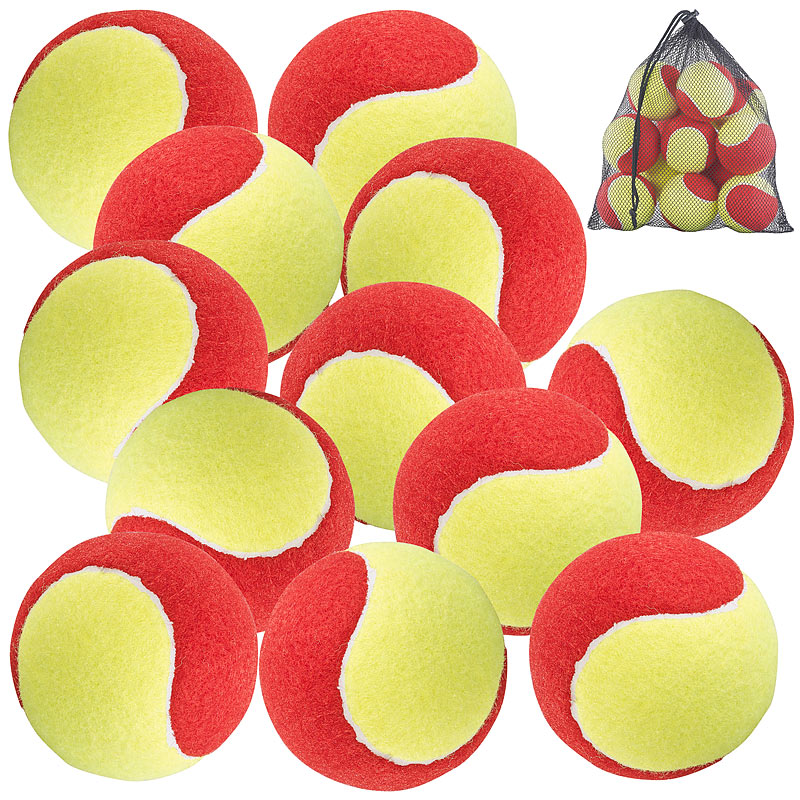 12er-Set Tennisbälle, 77 mm für Jugend & Beginner, gelb-rot, Tragenetz