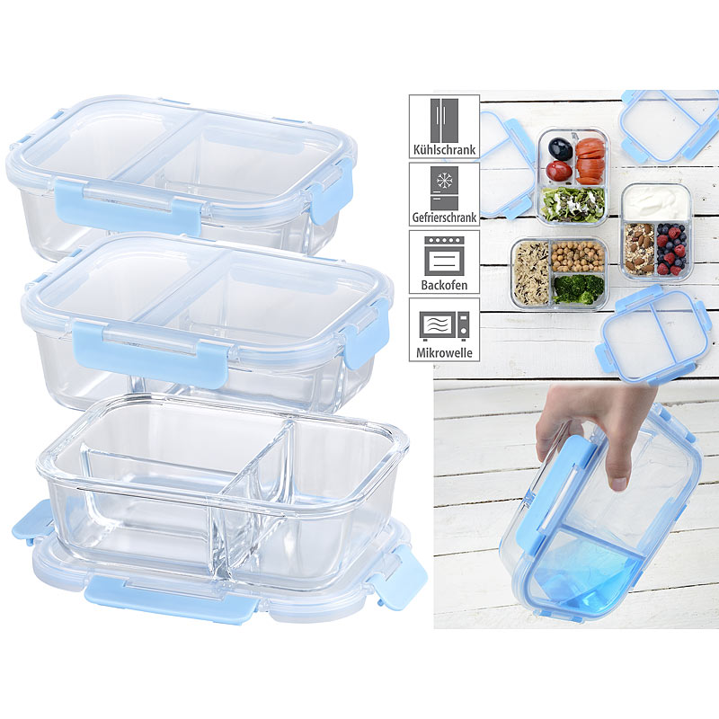 3er-Set Glas-Frischhaltedosen mit Klick-Deckeln & 3 Kammern, 1 l
