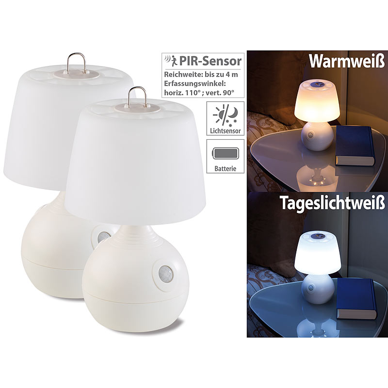 2er-Set LED-Tischlampe, PIR- & Licht-Sensor, warm- & tageslichtweiß