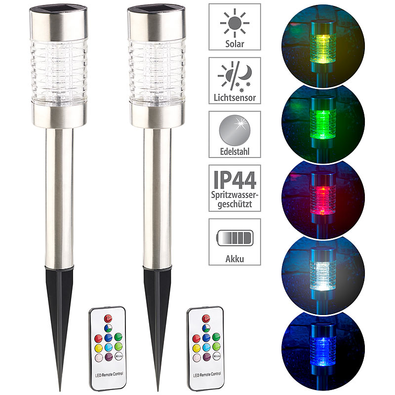 2er-Set Solar-RGB-LED-Wegeleuchte mit Lichtsensor & Fernbedienung IP44