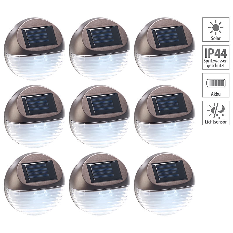 9er-Set Solar-LED-Zaunleuchte für Hauswand & Treppe, Lichtsensor, IP44