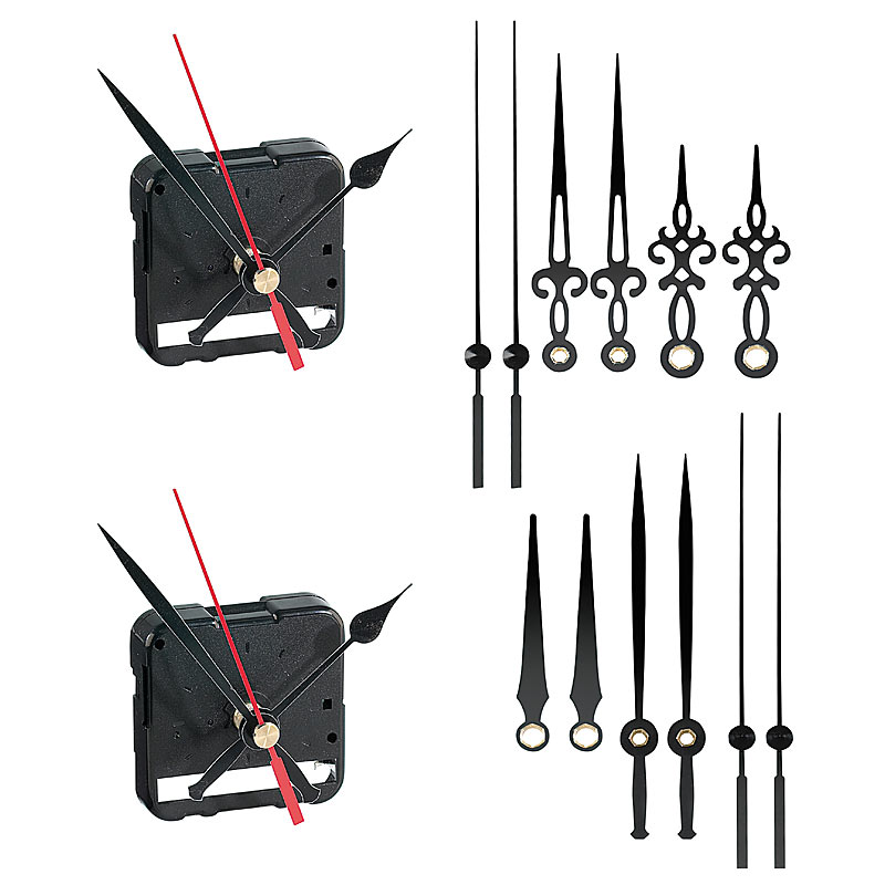 2er-Set: Flüsterleises, schleichendes Uhrwerk mit 3 Zeiger-Sets
