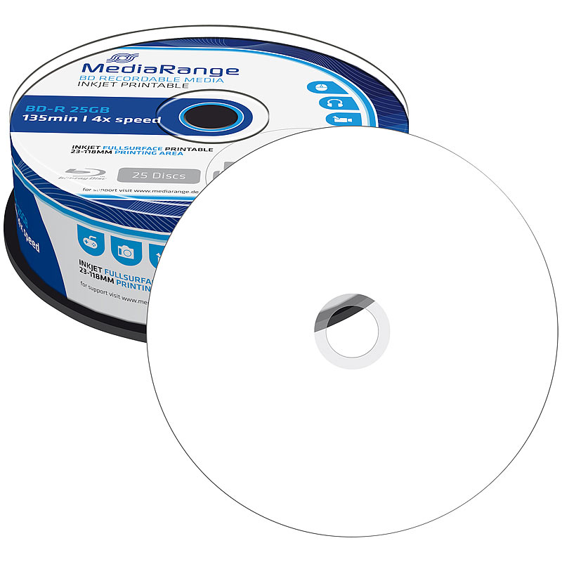 Blu-ray-Rohling BD-R 25GB printable 4x, 25er-Spindel