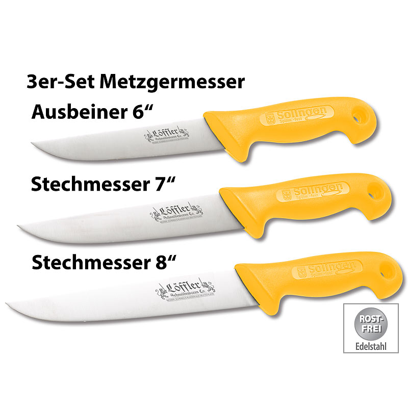 3er-Set Solinger Edelstahl-Metzgermesser, 6, 7 & 8 Zoll