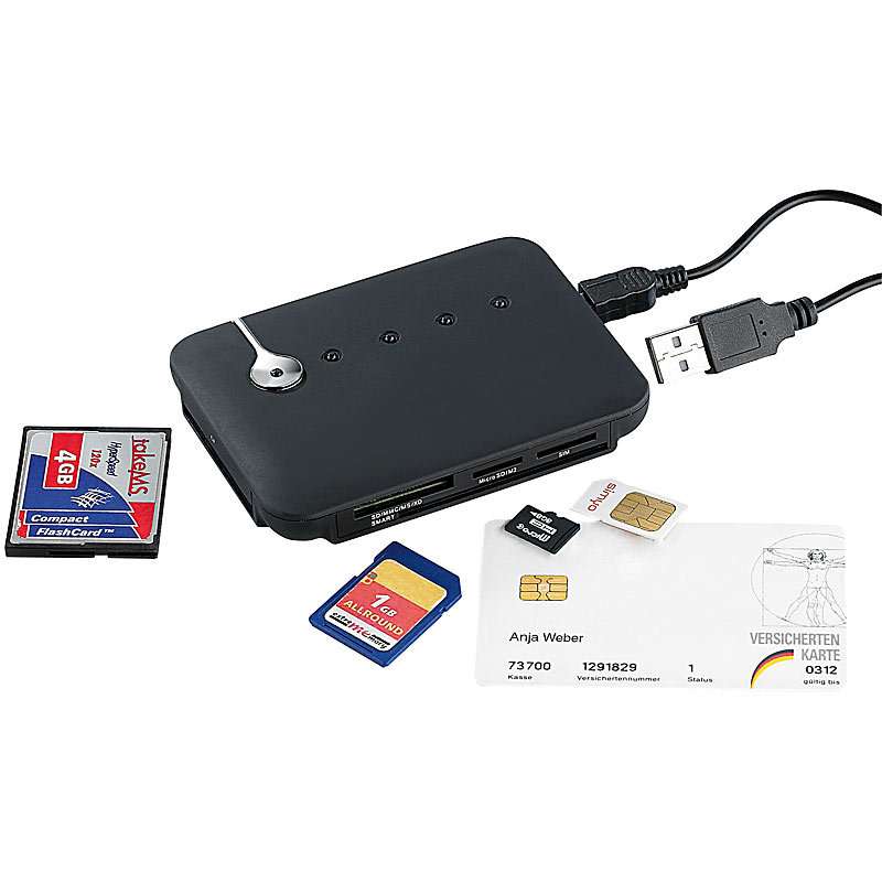 Multi-Card- und SIM-Reader mit aktivem USB-2.0-Hub, 3 Ports