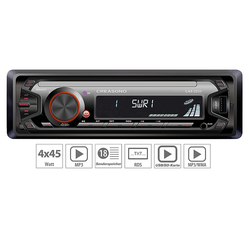 MP3-RDS-Autoradio CAS-2250 mit USB-Port & SD-Slot, 4x 45 W