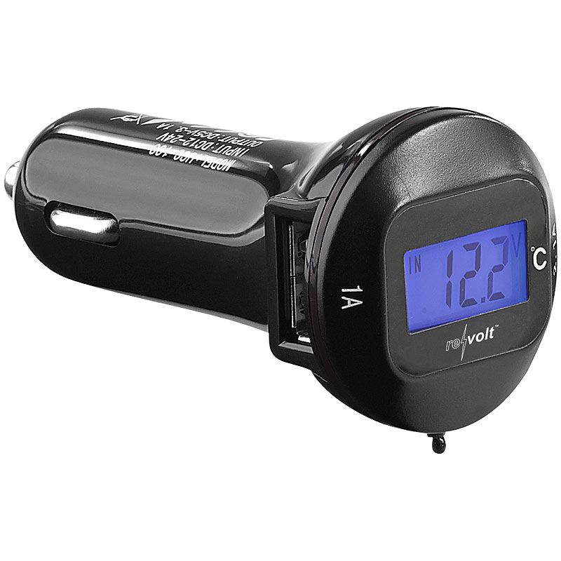 Kfz-USB-Ladegerät, 2xUSB, LCD-Spannungswarner, Thermometer, 3,1A/15,5W