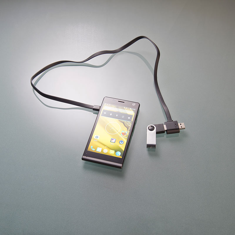 Callstel Micro-USB-Lade- & Daten-Flachkabel mit durchgeschleiftem USB