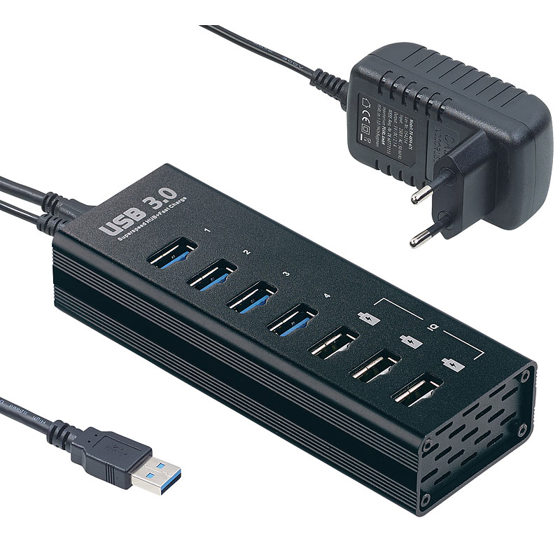 Aktiver USB-3.0-Hub mit 4 Ports & 3 Schnell-Lade-Buchsen (BC 1.2), 4 A