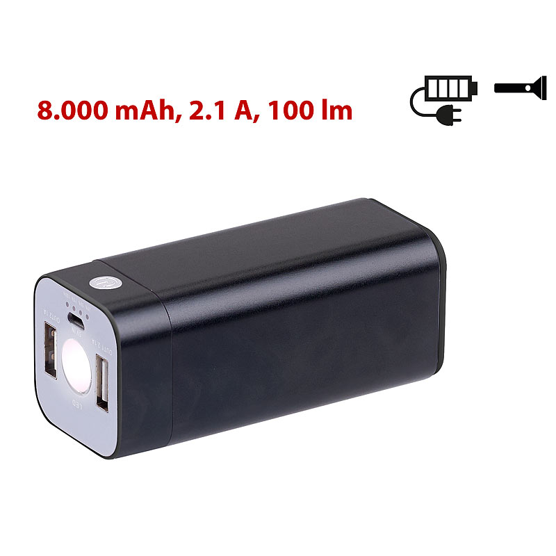 USB-Powerbank mit 8.000 mAh und LED-Taschenlampe, 2,1 A, 100 Lumen