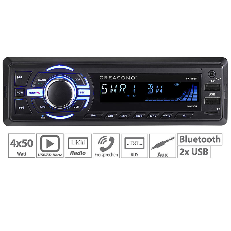 MP3-Autoradio, Bluetooth, Freisprechfunktion, RDS, 2x USB, SD, 4x 50 W