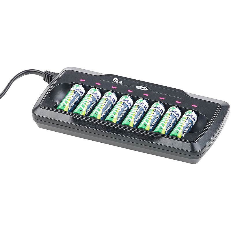 Ladegerät für 8 AA- & AAA-Akkus, mit Kontroll-LEDs & Sicherheits-Timer