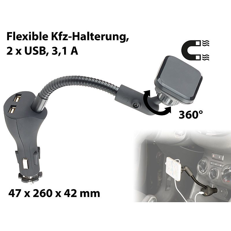 Flexible Kfz-Magnet-Halterung mit 2 USB-Ports für Smartphones, 3,1 A