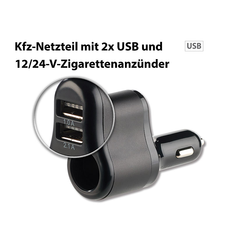 Kfz-Netzteil mit 12/24-V-Zigarettenanzünder und 2x USB, 3,1 A, 15,5 W