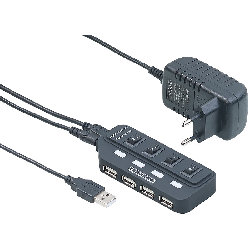 Aktiver USB-2.0-Hub mit 4 Ports, einzeln schaltbar, 2-A-Netzteil