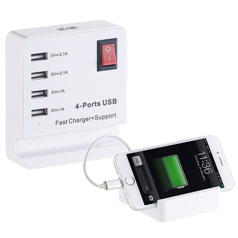USB-Netzteil mit Smartphone-Ablage, 4 Ports: 2x 2,1 A, 2x 1 A