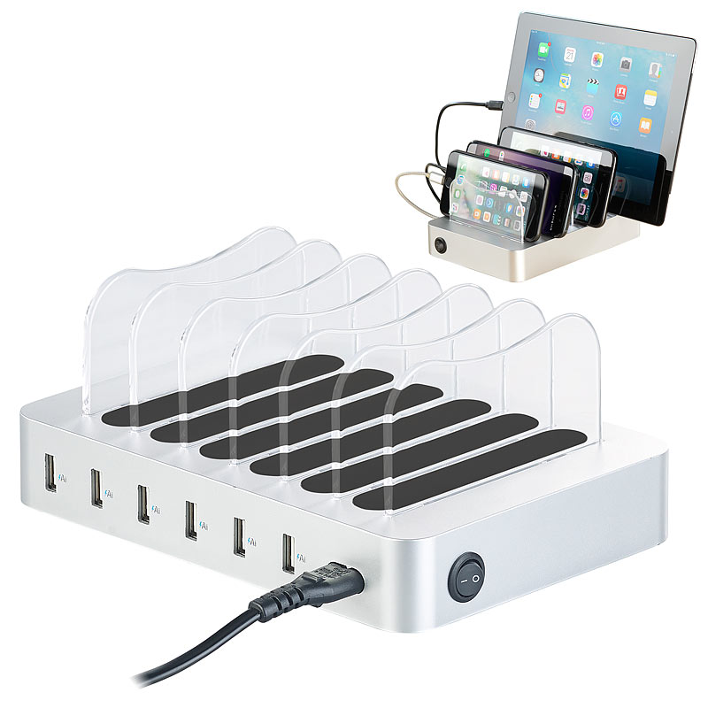 6-Port-USB-Ladestation mit entnehmbaren Trennwänden, 10 A / 50 Watt